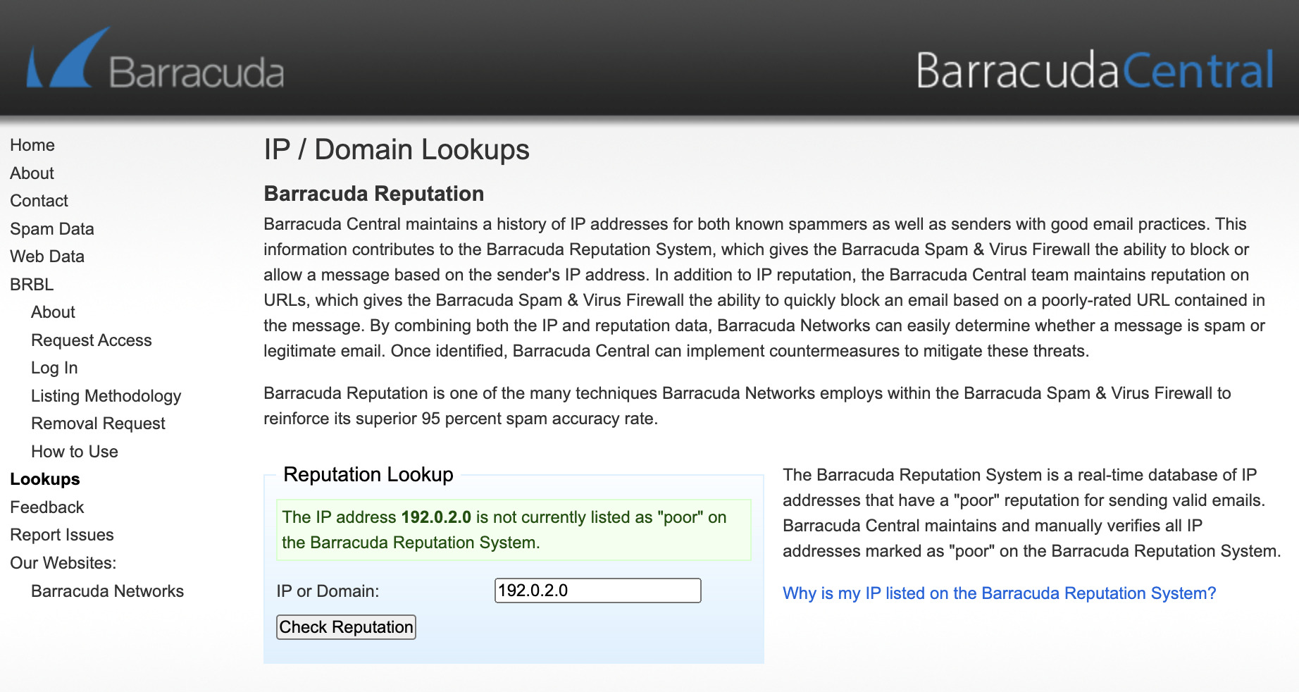 Barracuda Central IP reputation lookup results