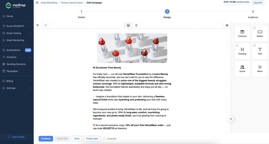 This is an image of the Mailtrap edit campaign page
