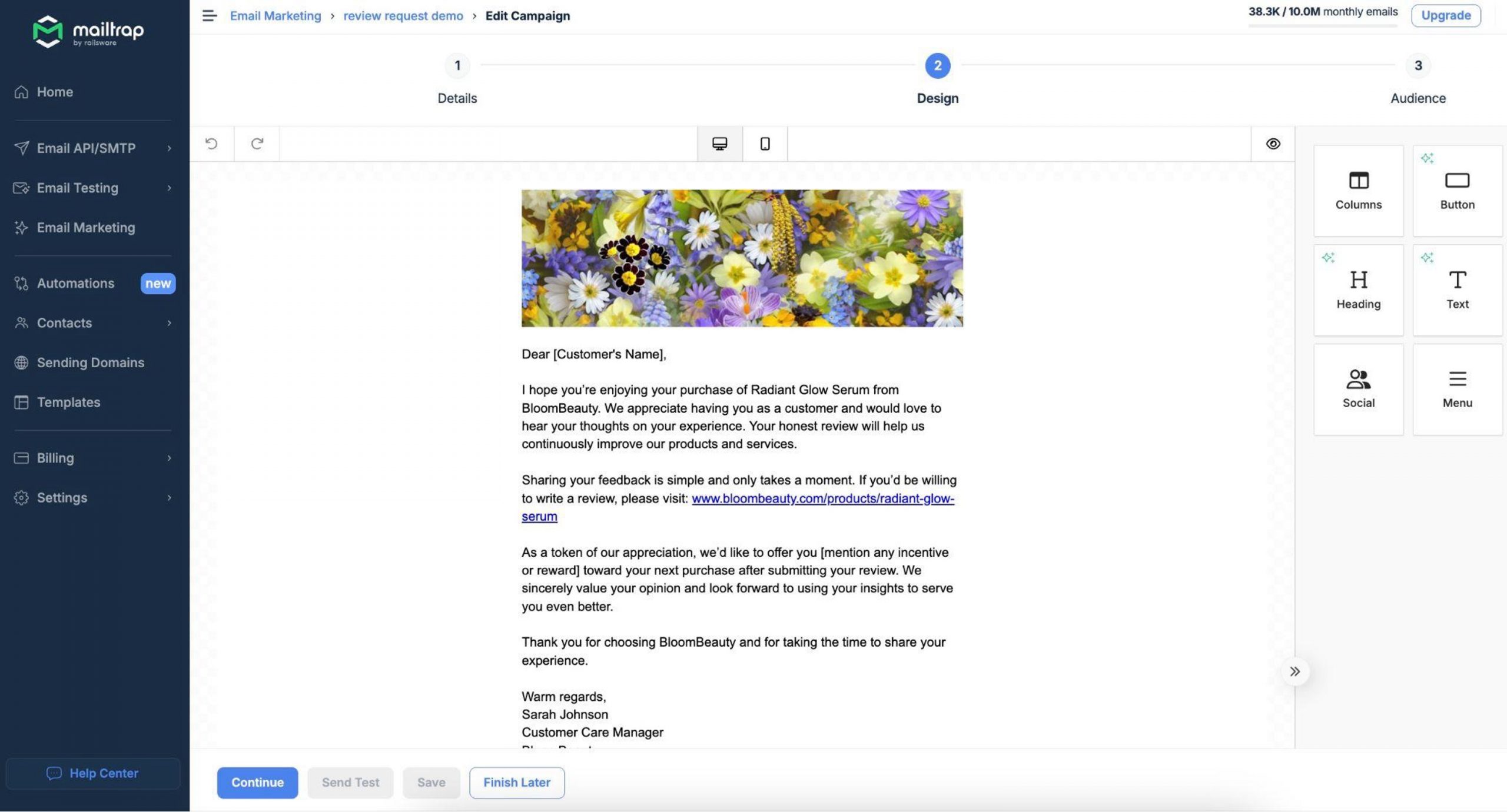 This is an image showing email template editing in Mailtrap