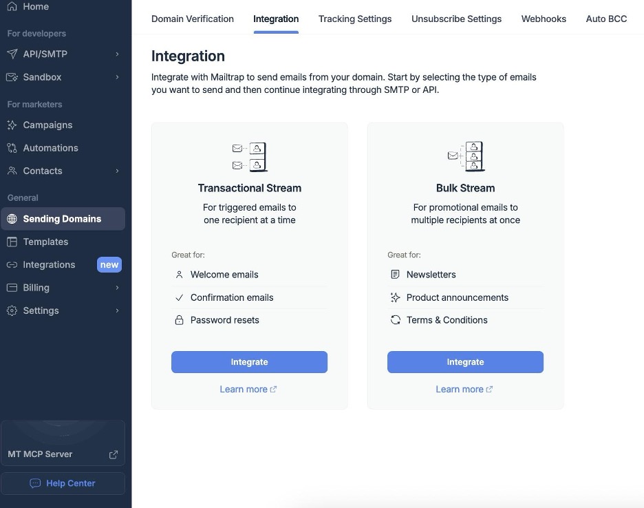 This is an image showing the Mailtrap Sending Domains integration tab