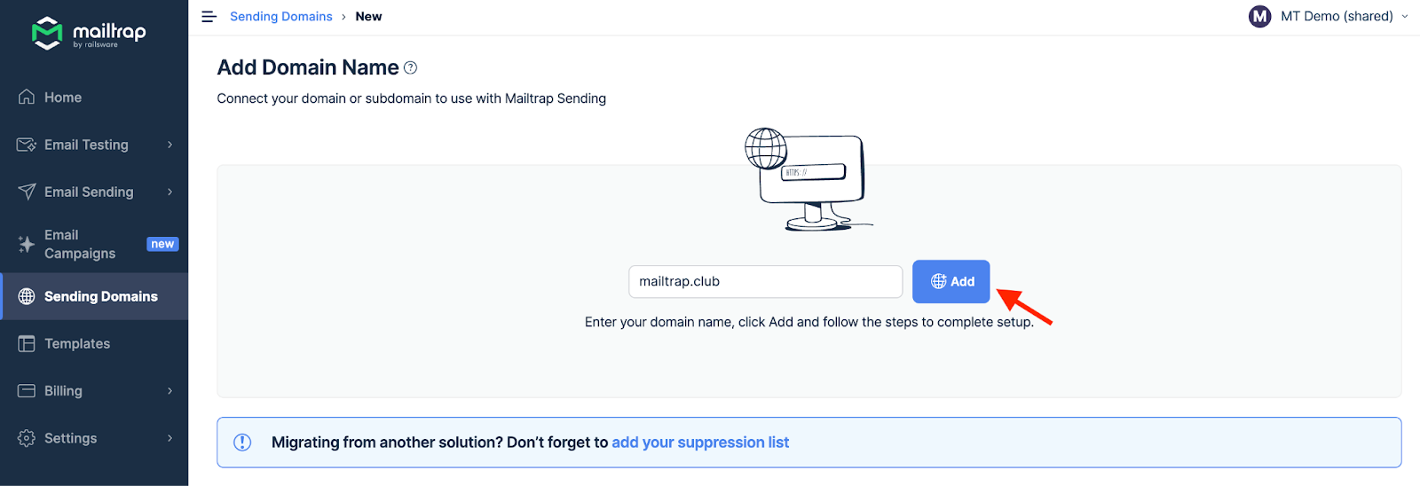 Mailtrap Email Delivery Platform adding a domain to Sending Domains