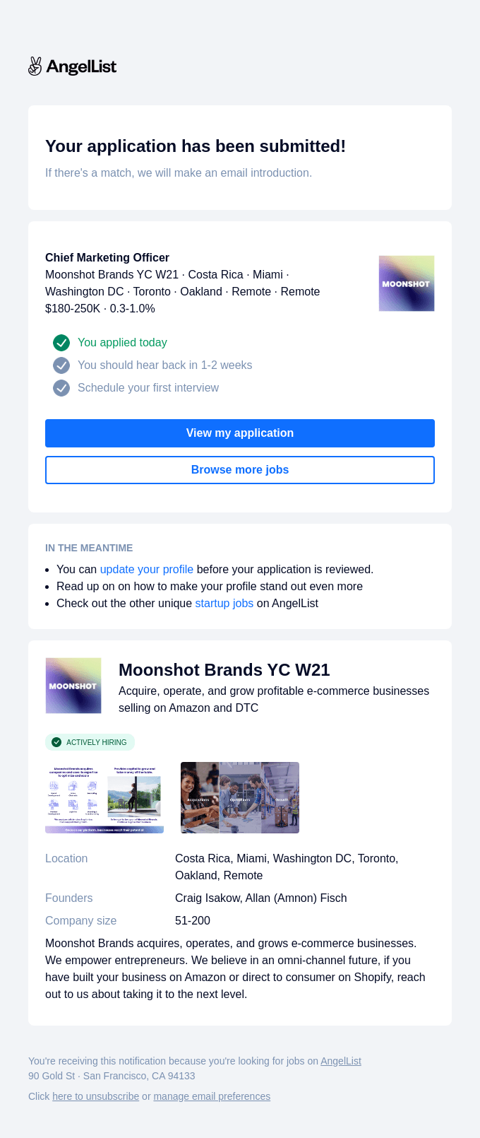 This image is an example of no-reply application submission email from AngelList taken from reallygoodemails website.