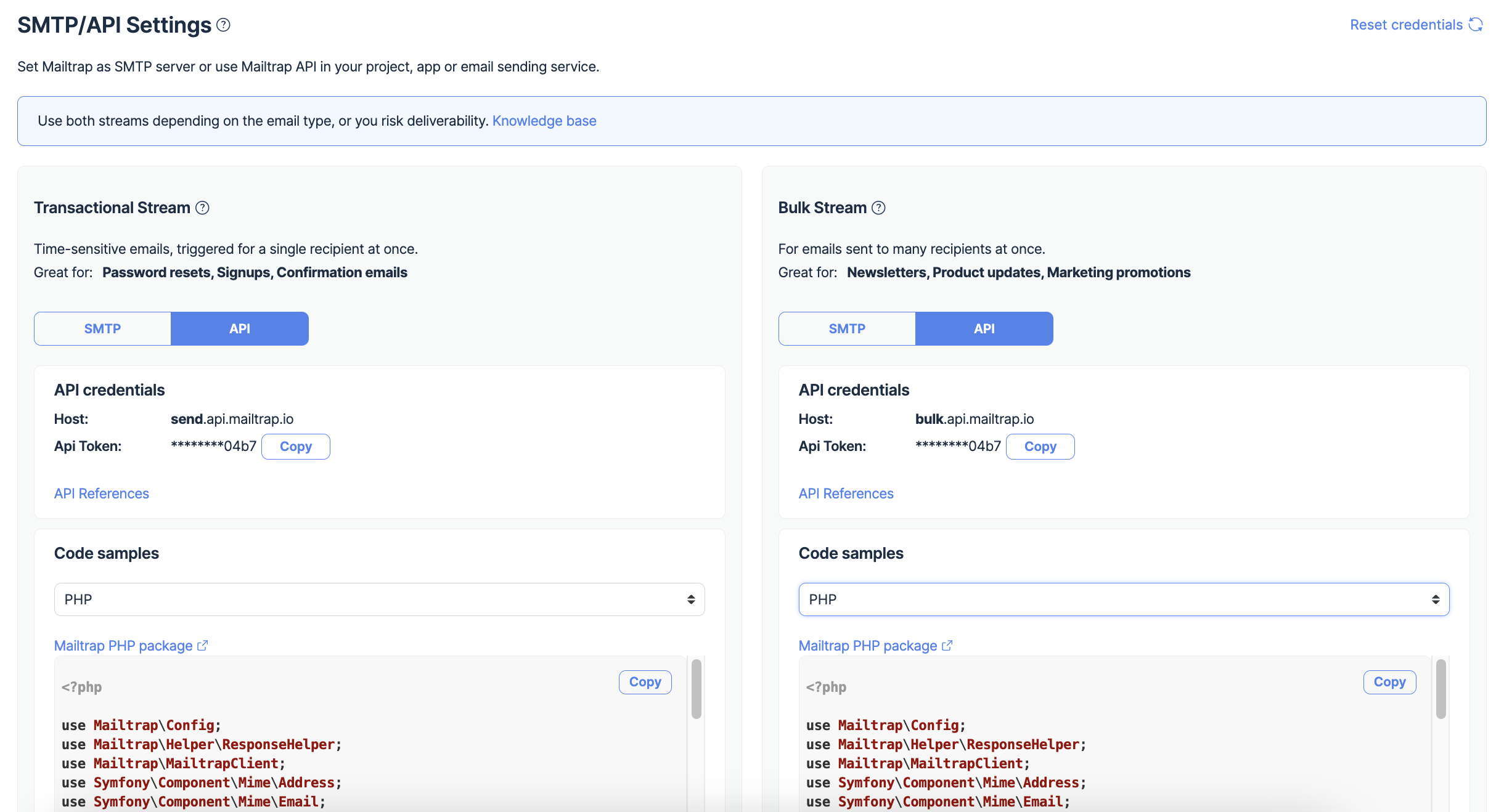 This is an image showing the API creds for Mailtrap Email Sending