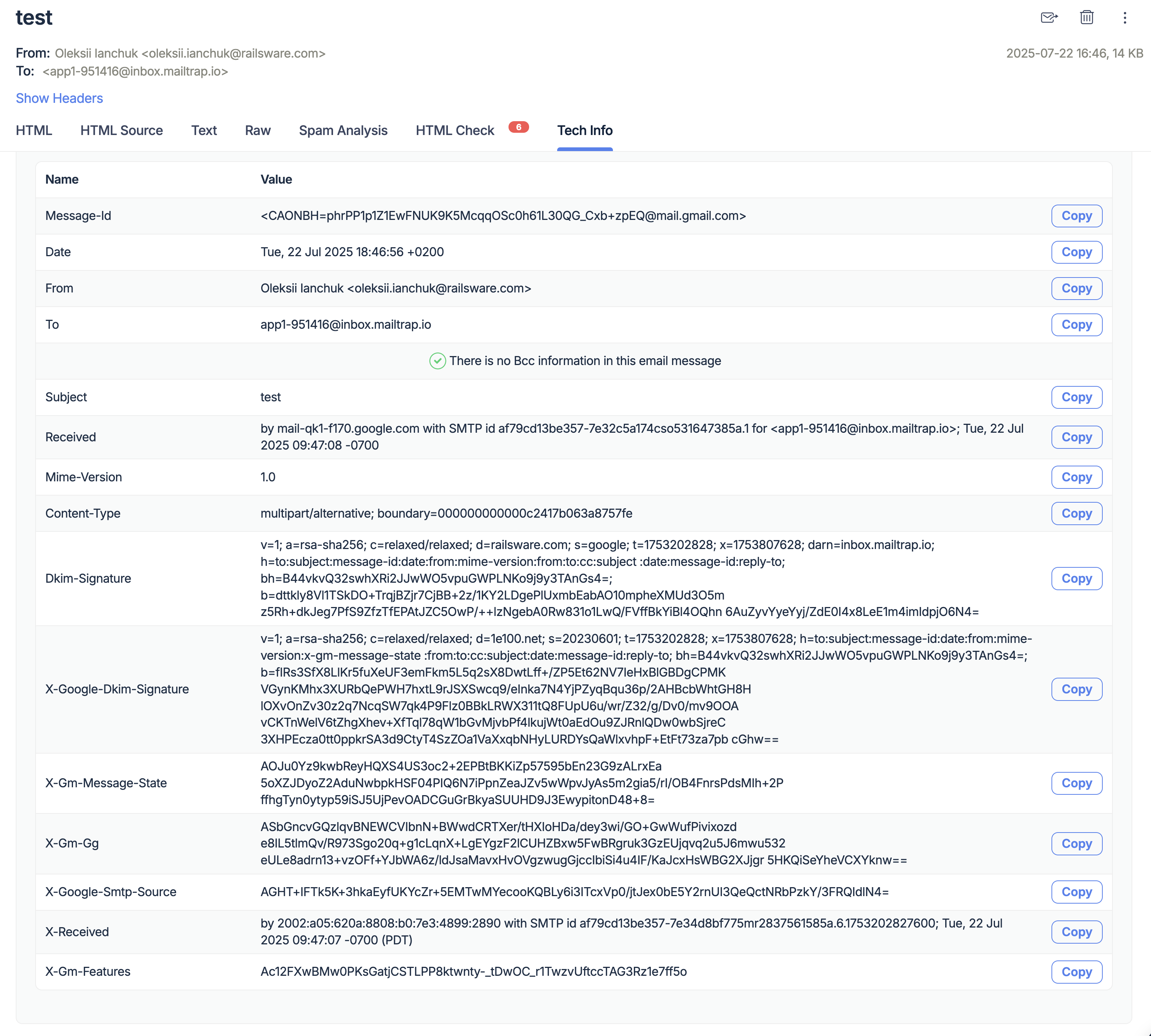Dummy example of mailtrap sandbox audit logging.