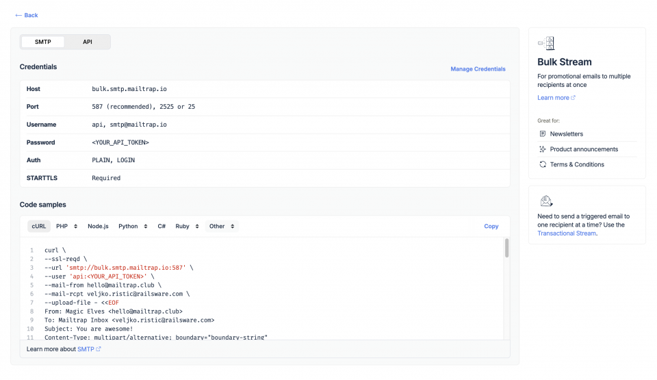 メール一の斉送信用 SMTP認証情報