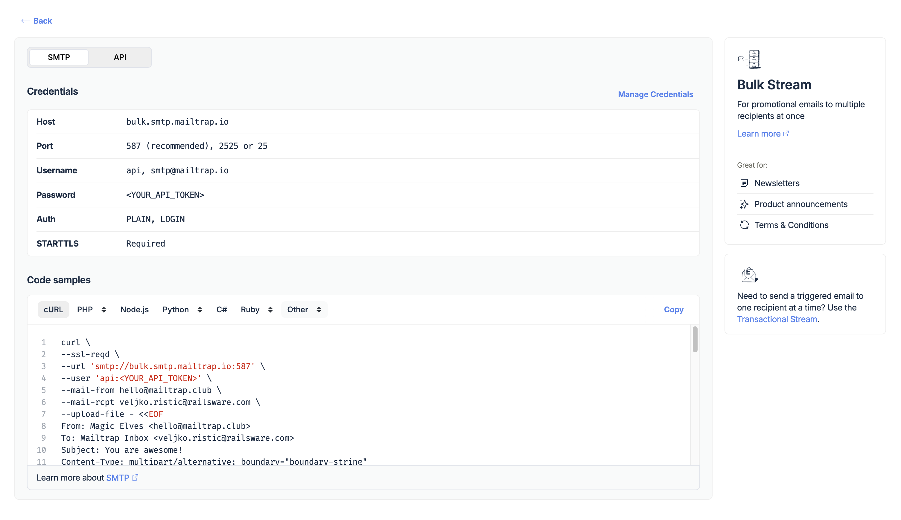 Bulk stream SMTP credentials