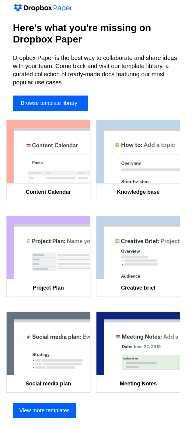 Customer retention email example from Dropbox