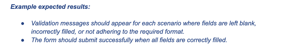 This is an image showing example expected results for an example test case