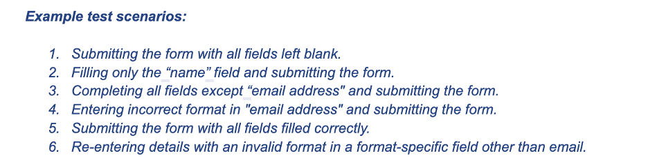 This is an image showing example test scenarios for an example test case