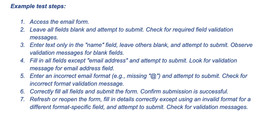 This is an image showing example test steps for an example test case
