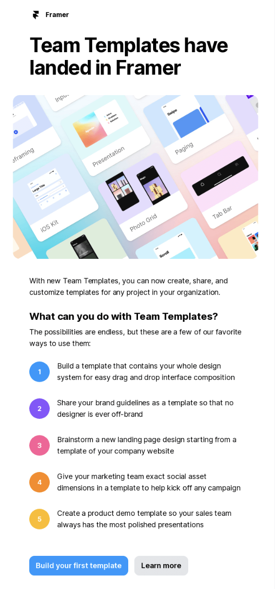 Framer product update email