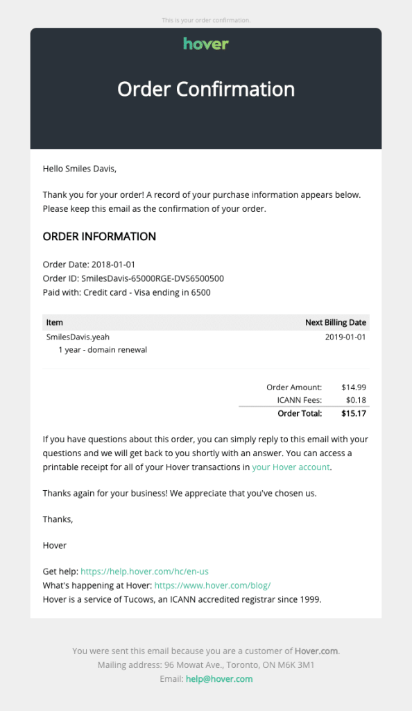 Hover order confirmation email