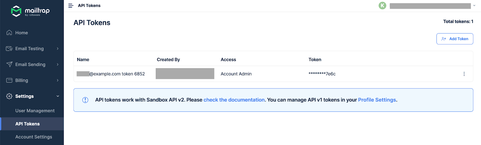 Creating an API token for Mailtrap Email testing