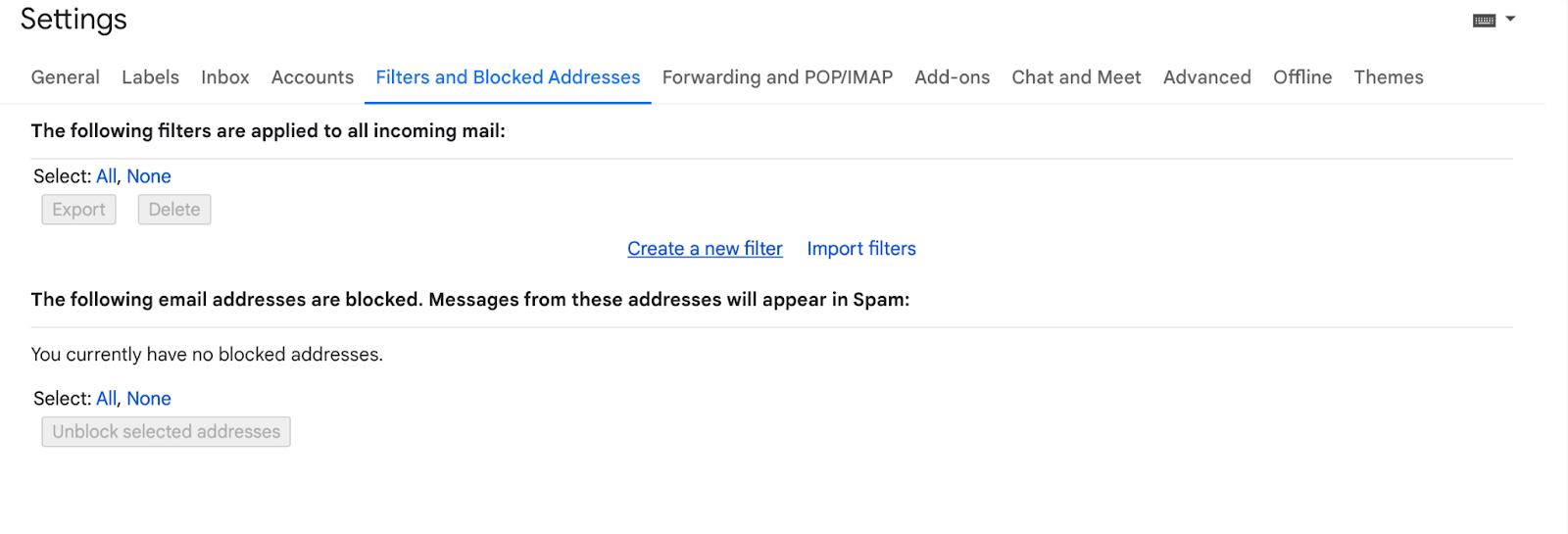 Creating a new filter in Gmail