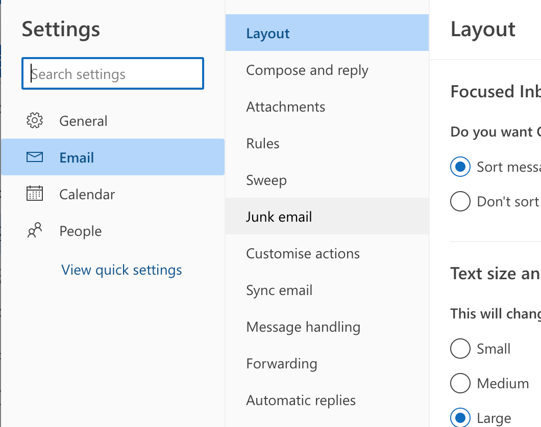 Navigating to junk email settings in Outlook webmail
