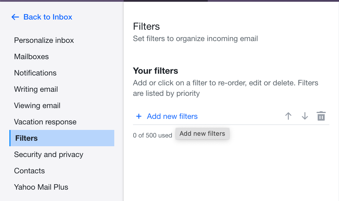 Navigating to email filters in Yahoo