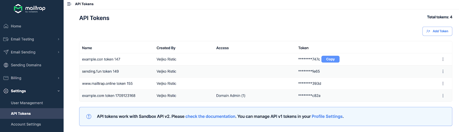 Mailtrap API Tokens menu
