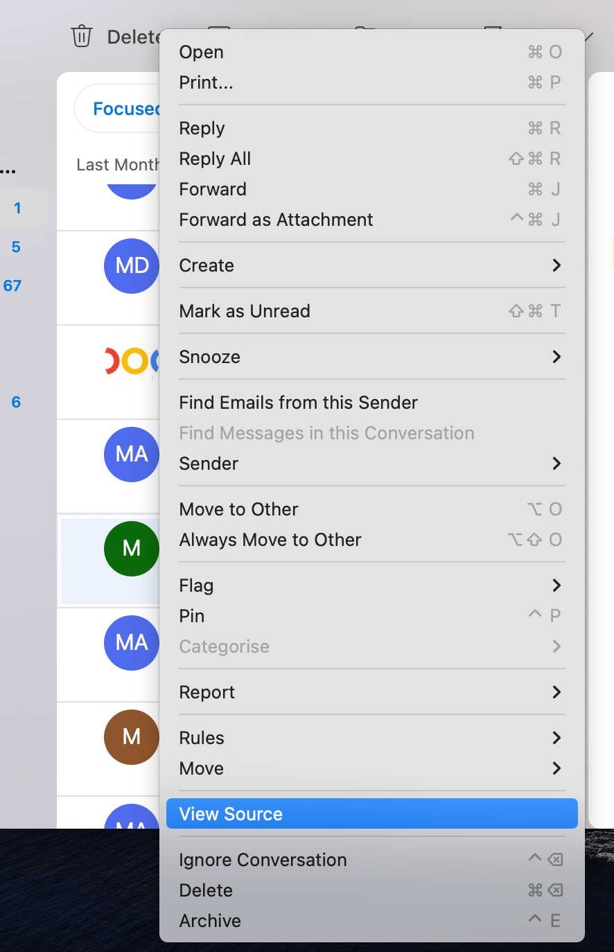 Viewing the source in Outlook