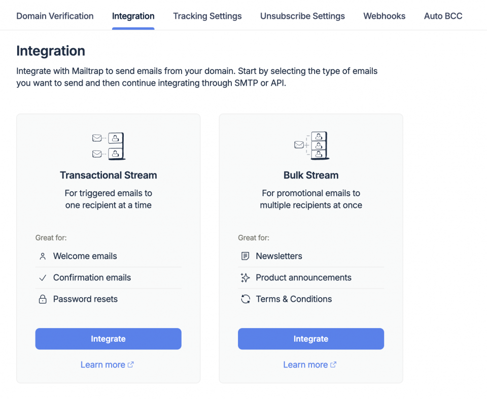 統合の選択 - 認証済みドメイン