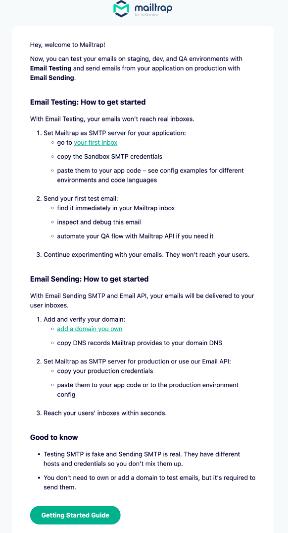 Mailtrap welcome email