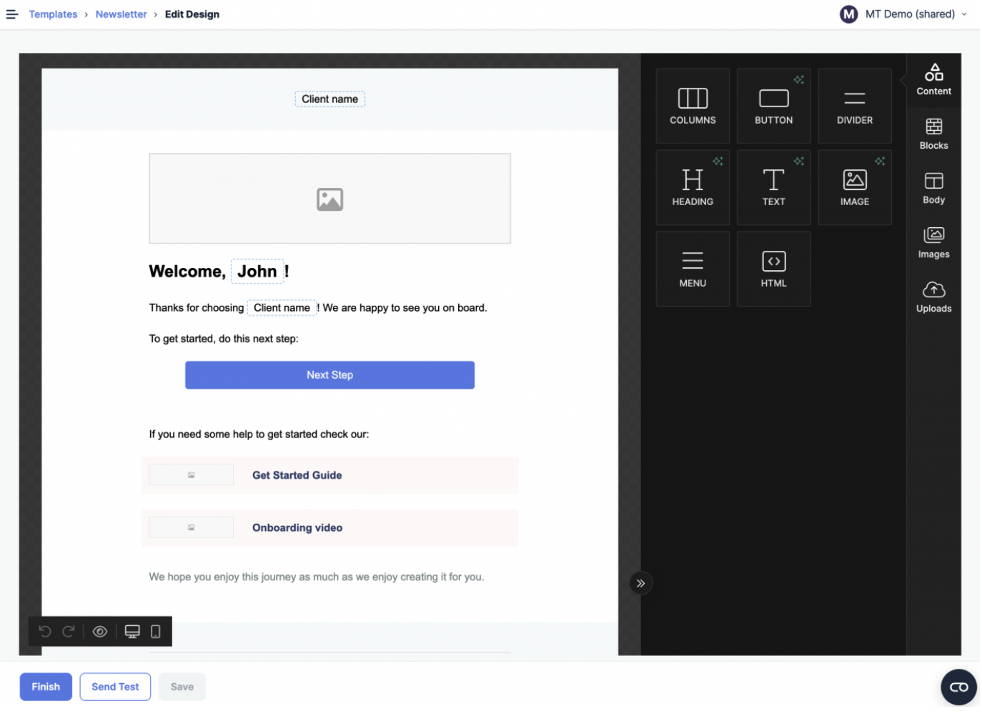 Mailtrapのドラッグ&ドロップテンプレートビルダー