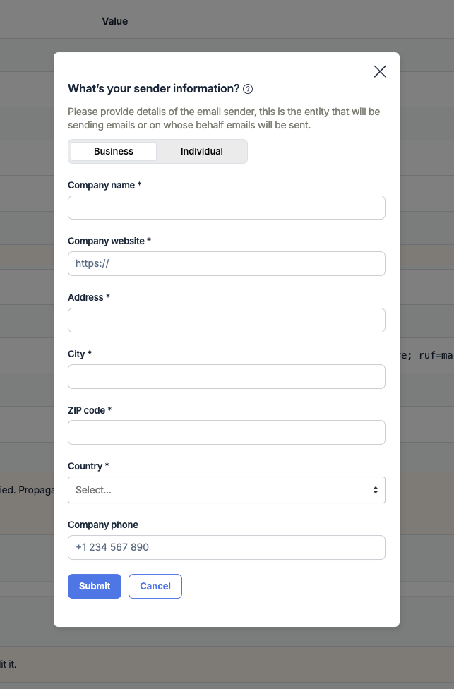 Mailtrapのメール配信システムの送信者情報フォーム