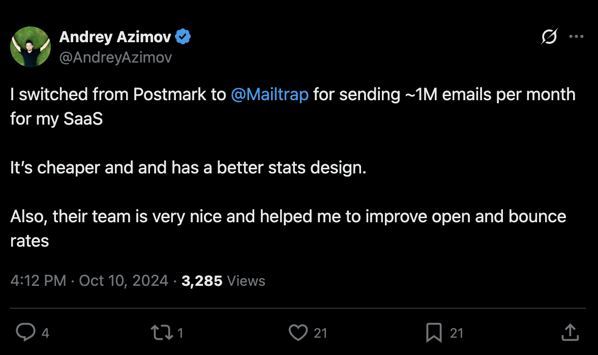 Real Mailtrap user comment on X