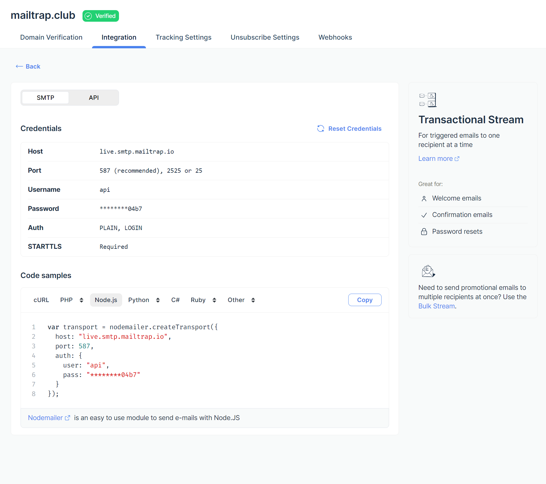 Mailtrap Email Sending Integration page SMTP/API