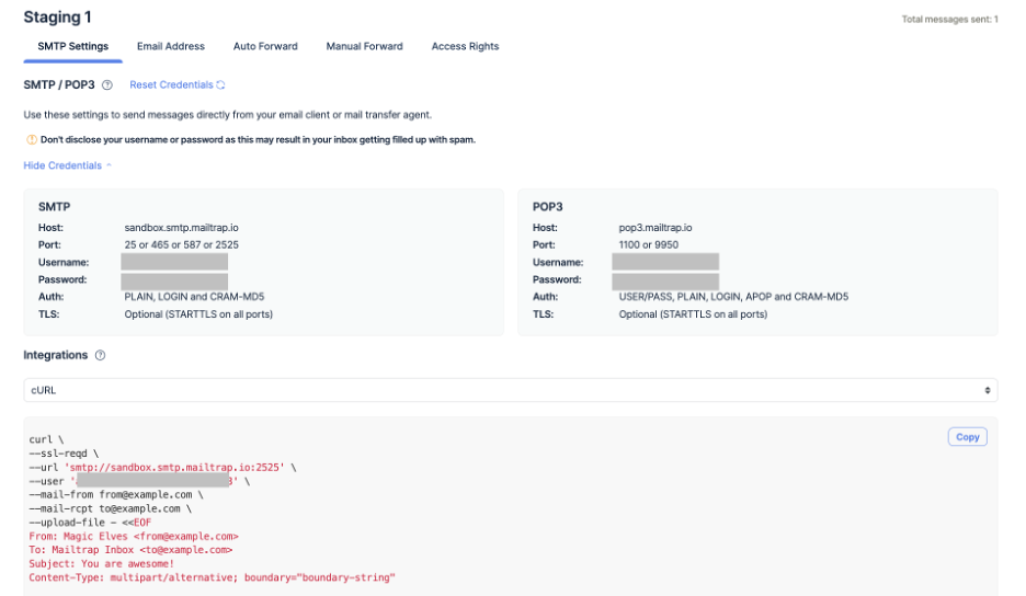 This is an image showing the Mailtrap Email Testing SMTP settings