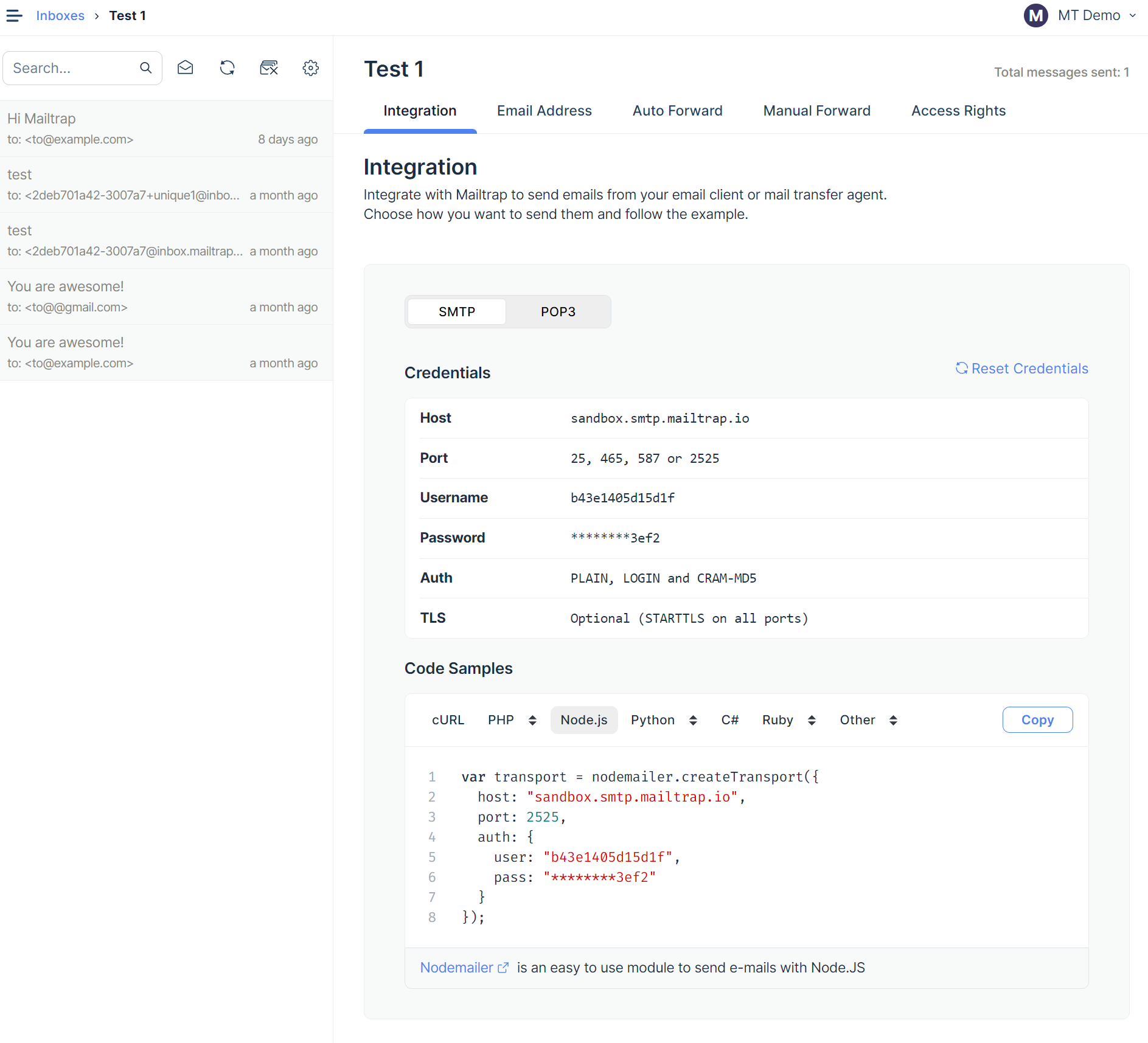 Mailtrap Email Testing Integration page