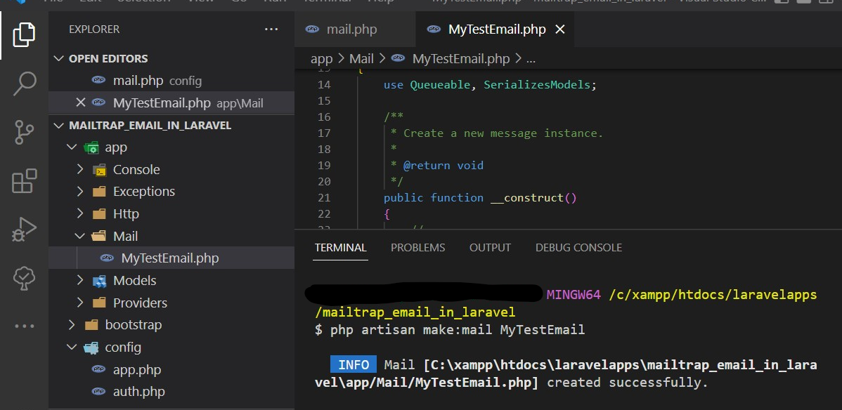 Mytestemail class under app/mailMyTestEmail.php