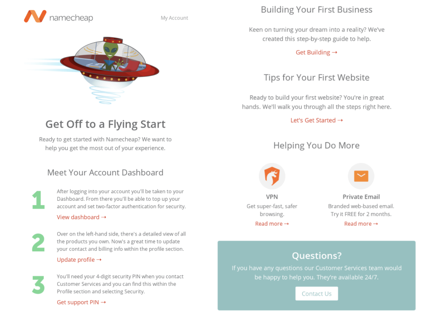 Namecheap onboarding email