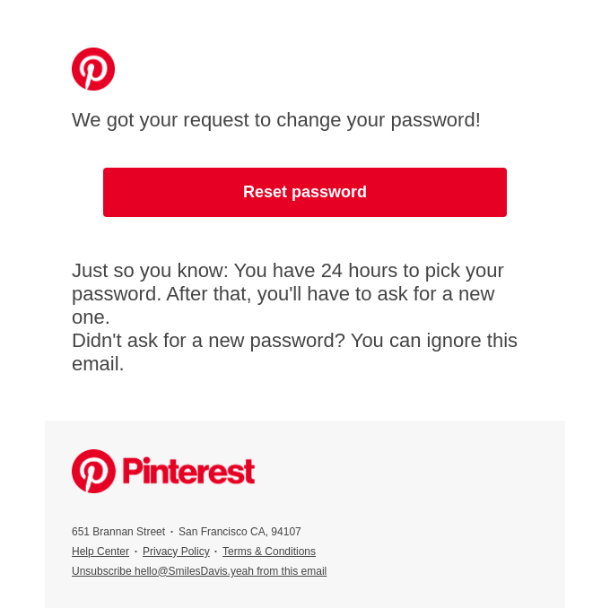 This image is an example of a no-reply password reset email from Pinterest, taken from reallygoodemails website.