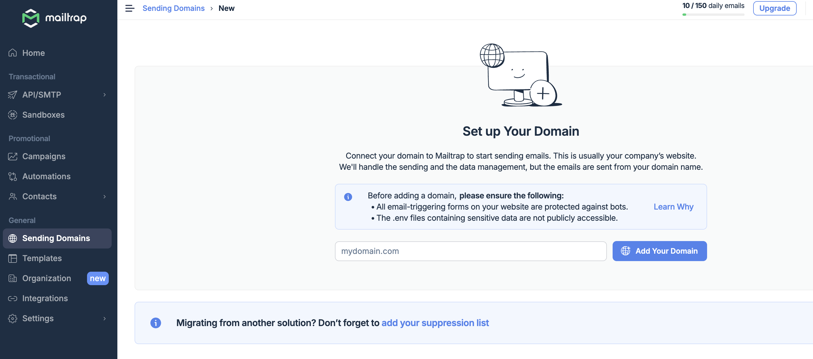 Mailtrap sending domains add domain interface