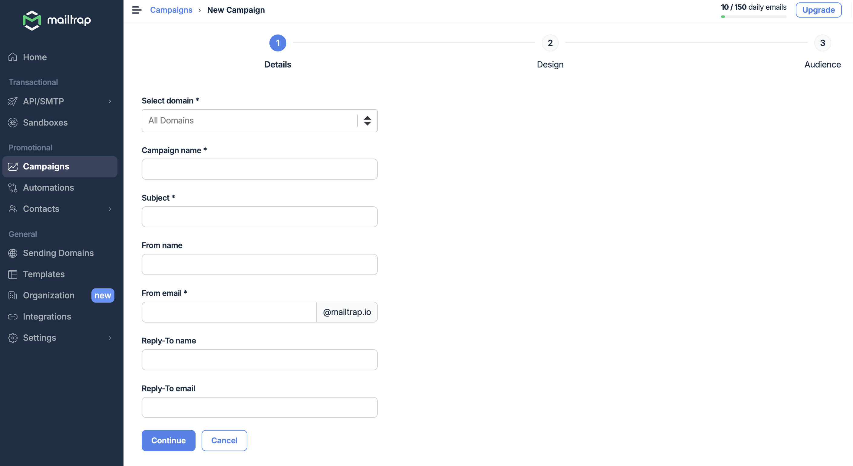 Mailtrap Campaigns adding a new campaign