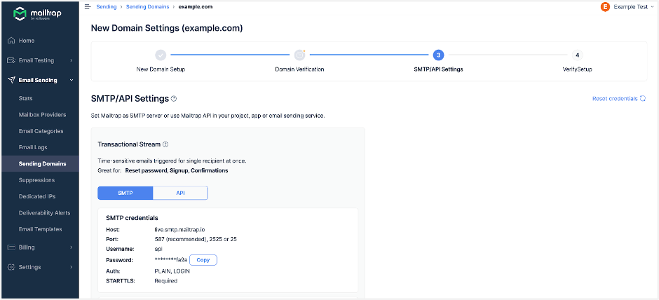 Mailtrap Email Sending, Sending Domains configuration menu.