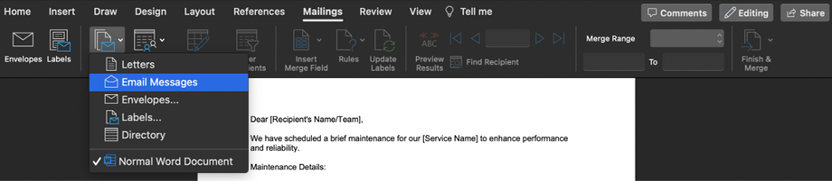 New Outlook dropdown menu for mail merge