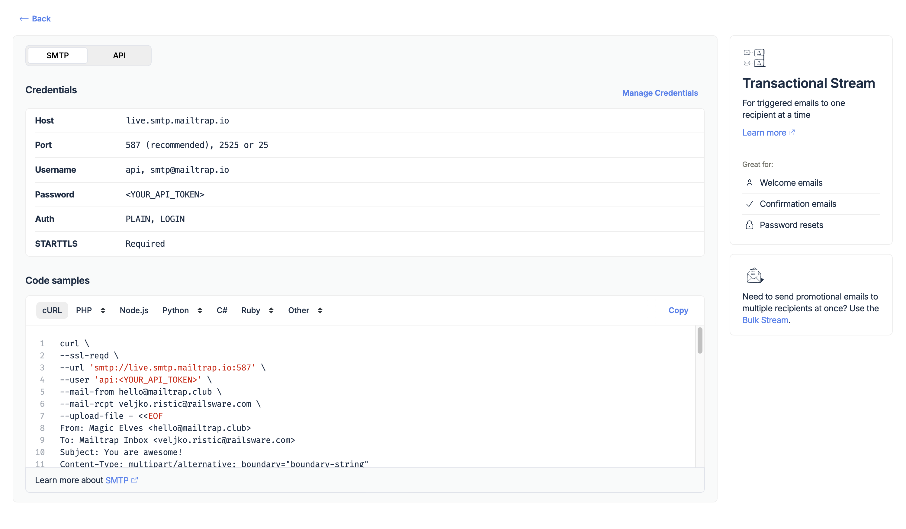 Transactional stream SMTP credentials