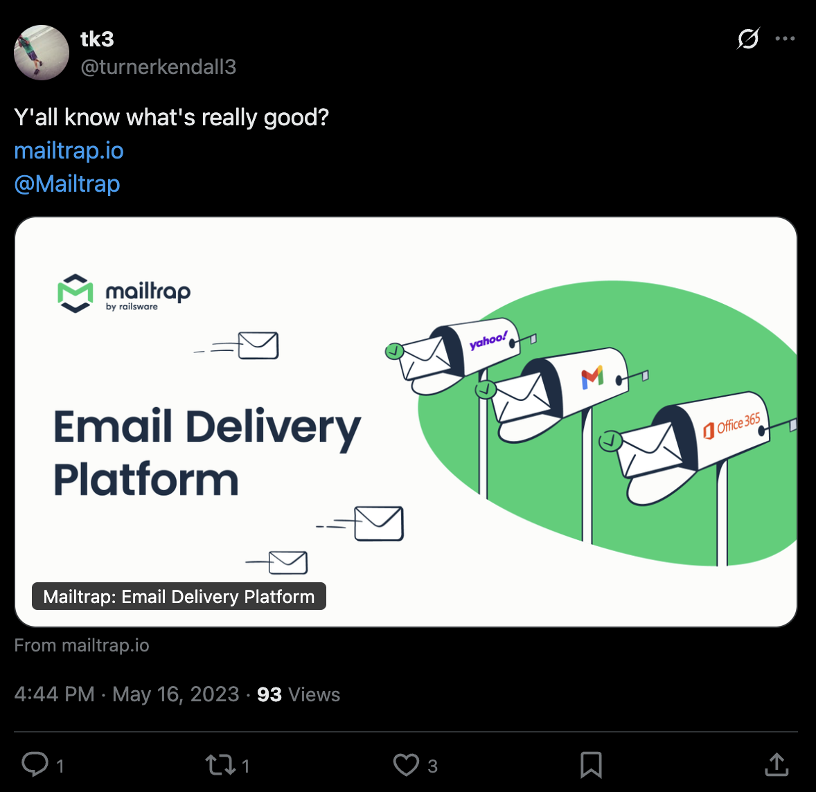 Real Mailtrap user comment on X